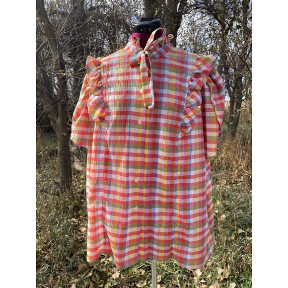 Vintage 1970s Plaid Seer Sucker Peasant Blouse With Tags Size 44 - Picture 10 of 16
